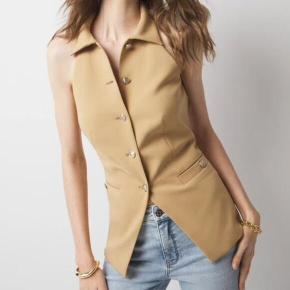 White House Black Market Collared Halter Vest Cafe Au Lait - Picture 2 of 7